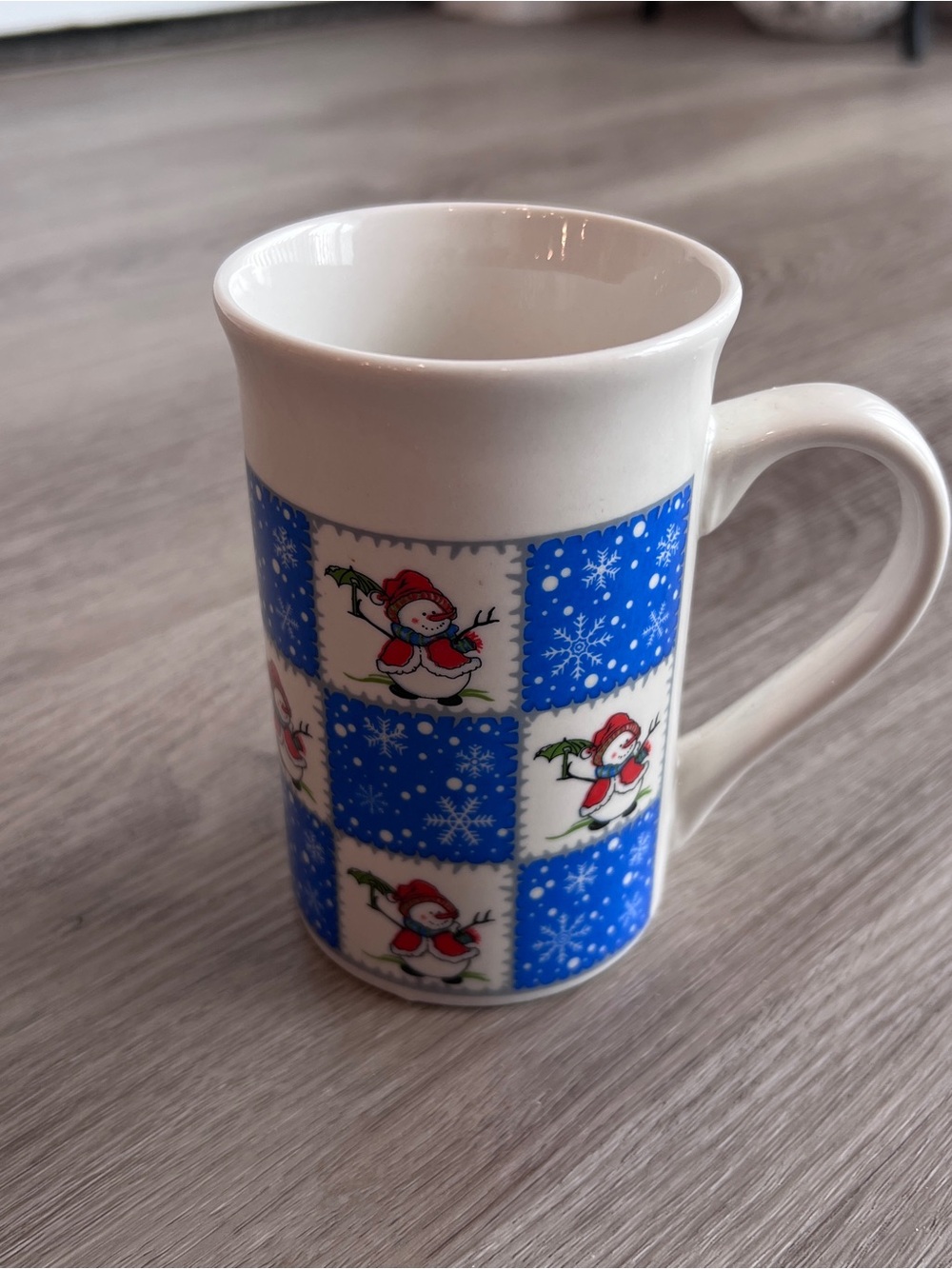 Vintage Royal Norfolk Snowman Coffee Mug Blue White Patchwork Holiday Christmas